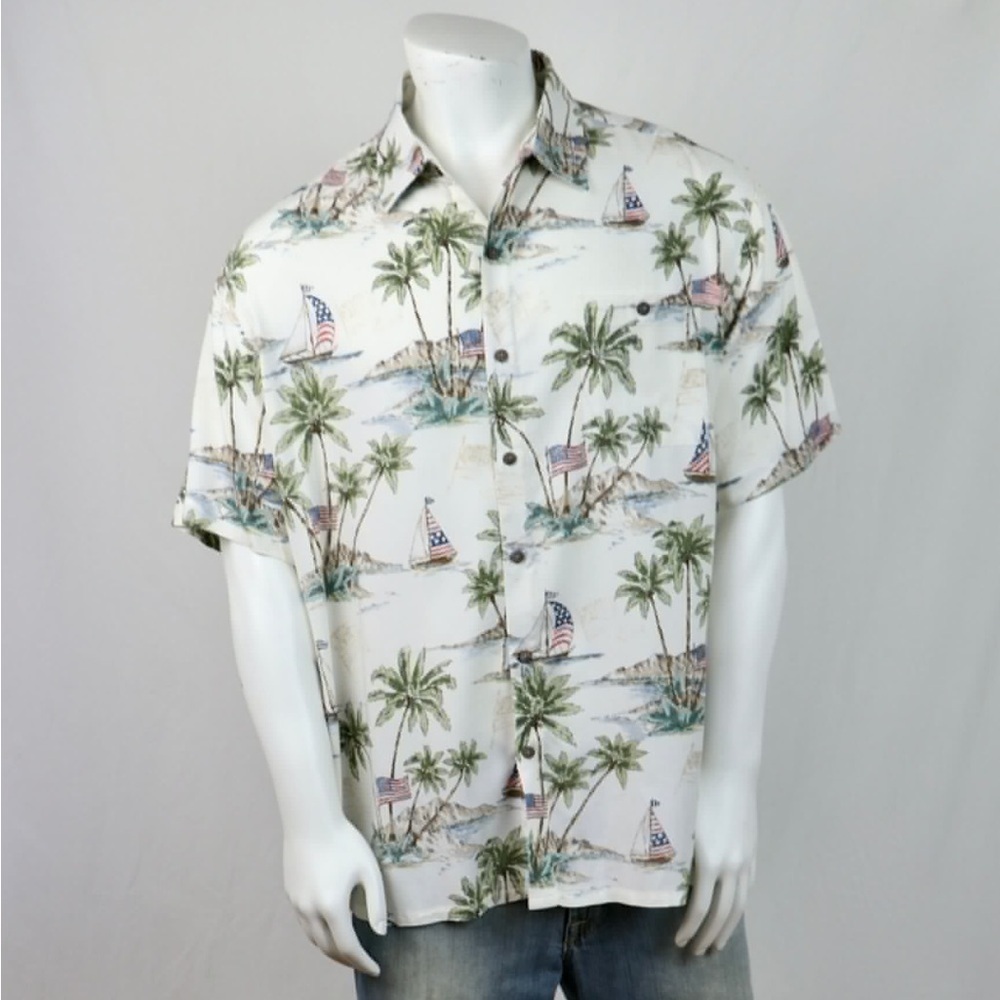 Batik Bay Men’s Tropical Print with Sailboats and American Flag Aloha Shirt